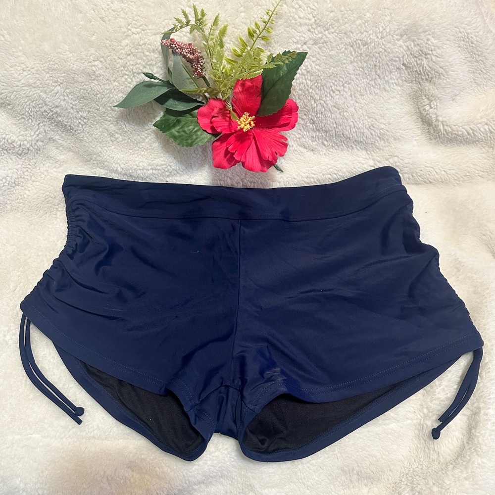 Navy Blue Swim Shorts With Adjustable Side Ties